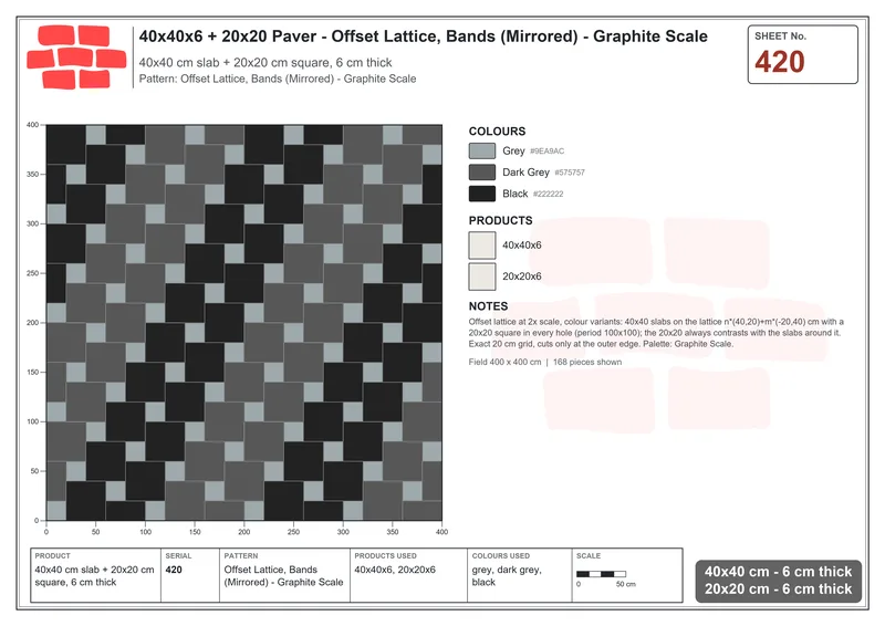 Interlock (Pasco) 40x40 cm · SQ44-420 · Offset Lattice, Bands (Mirrored) - Graphite Scale · Laying plan Interlock (Pasco) 40x40 cm · SQ44-420 · Offset Lattice, Bands (Mirrored) - Graphite Scale · Laying plan