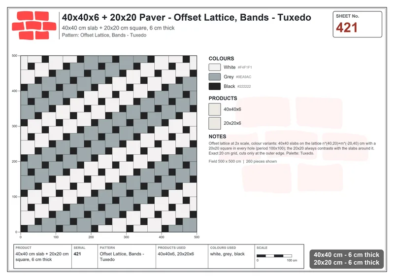 Interlock (Pasco) 40x40 cm · SQ44-421 · Offset Lattice, Bands - Tuxedo · Laying plan Interlock (Pasco) 40x40 cm · SQ44-421 · Offset Lattice, Bands - Tuxedo · Laying plan