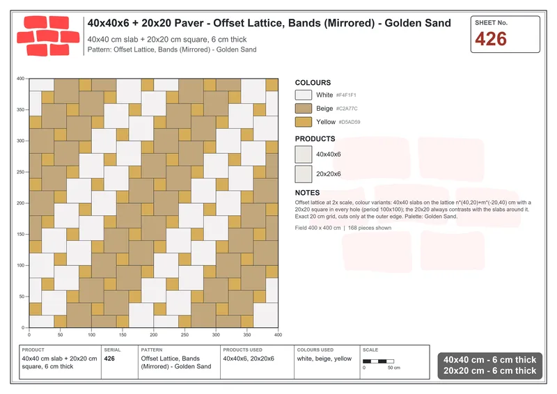 Interlock (Pasco) 40x40 cm · SQ44-426 · Offset Lattice, Bands (Mirrored) - Golden Sand · Laying plan Interlock (Pasco) 40x40 cm · SQ44-426 · Offset Lattice, Bands (Mirrored) - Golden Sand · Laying plan