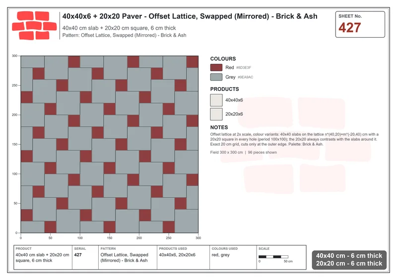 Interlock (Pasco) 40x40 cm · SQ44-427 · Offset Lattice, Swapped (Mirrored) - Brick & Ash · Laying plan Interlock (Pasco) 40x40 cm · SQ44-427 · Offset Lattice, Swapped (Mirrored) - Brick & Ash · Laying plan