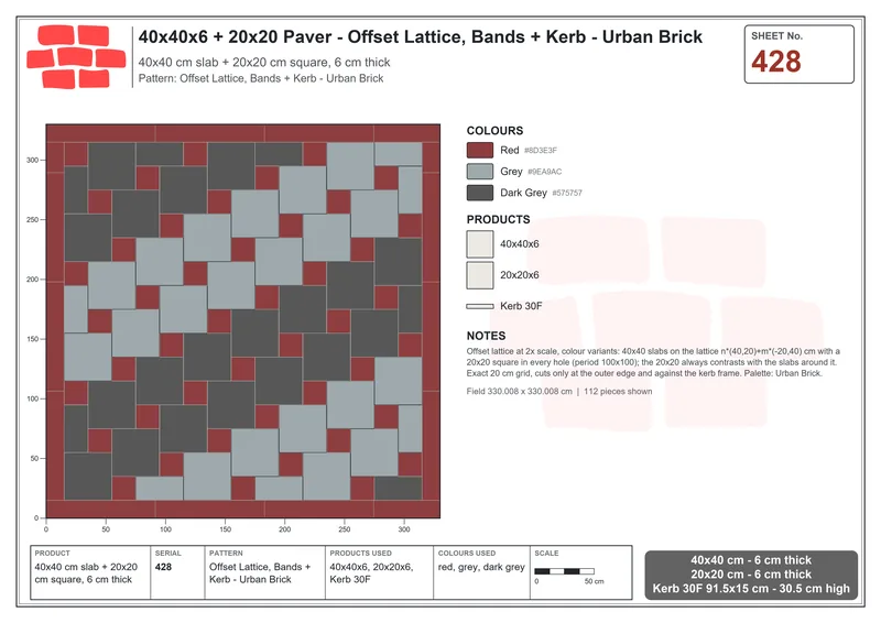 Interlock (Pasco) 40x40 cm · SQ44-428 · Offset Lattice, Bands + Kerb - Urban Brick · Laying plan Interlock (Pasco) 40x40 cm · SQ44-428 · Offset Lattice, Bands + Kerb - Urban Brick · Laying plan