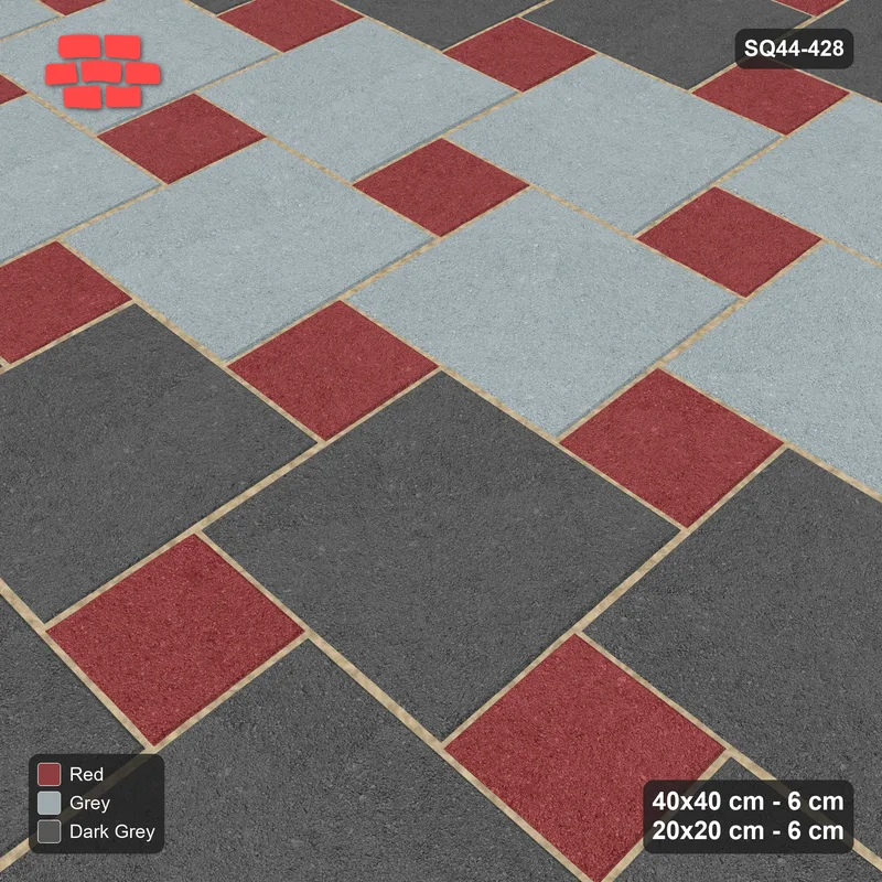 Interlock (Pasco) 40x40 cm · SQ44-428 · Offset Lattice, Bands + Kerb - Urban Brick · Side view Interlock (Pasco) 40x40 cm · SQ44-428 · Offset Lattice, Bands + Kerb - Urban Brick · Side view