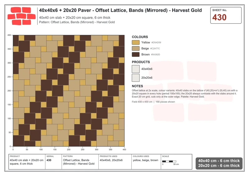 Interlock (Pasco) 40x40 cm · SQ44-430 · Offset Lattice, Bands (Mirrored) - Harvest Gold · Laying plan Interlock (Pasco) 40x40 cm · SQ44-430 · Offset Lattice, Bands (Mirrored) - Harvest Gold · Laying plan