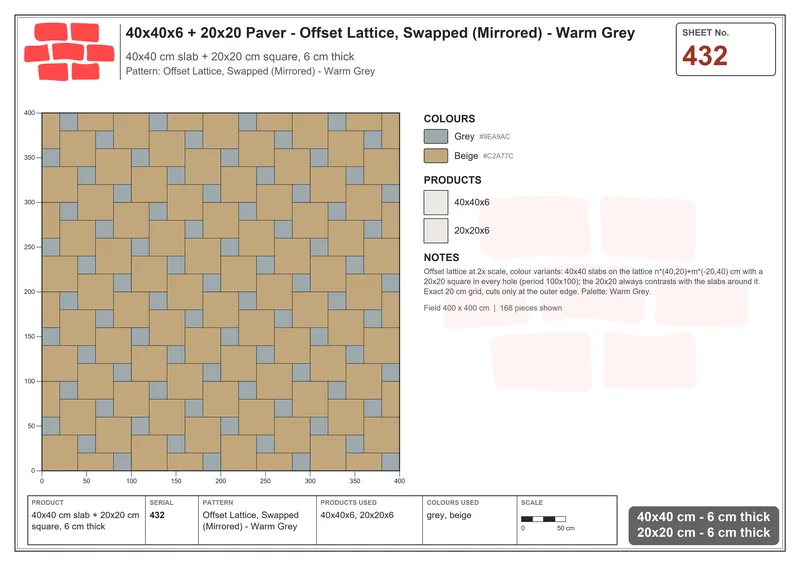 Interlock (Pasco) 40x40 cm · SQ44-432 · Offset Lattice, Swapped (Mirrored) - Warm Grey · Laying plan Interlock (Pasco) 40x40 cm · SQ44-432 · Offset Lattice, Swapped (Mirrored) - Warm Grey · Laying plan