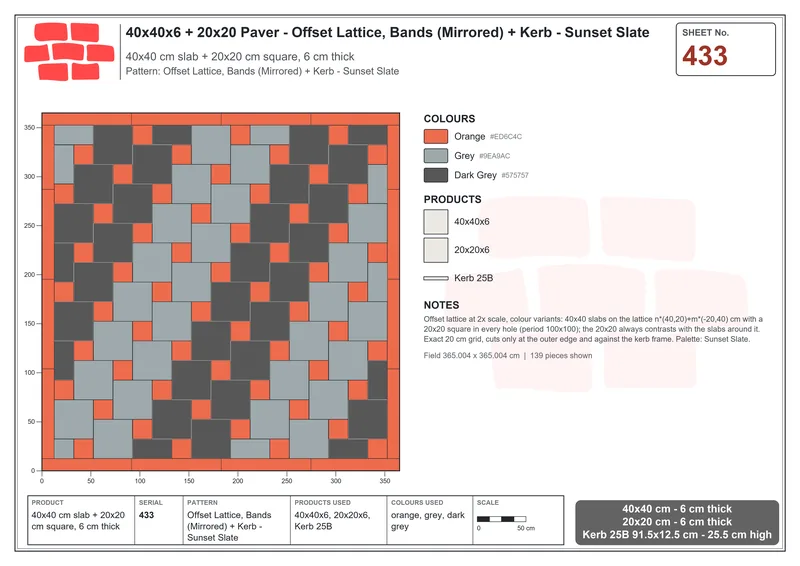Interlock (Pasco) 40x40 cm · SQ44-433 · Offset Lattice, Bands (Mirrored) + Kerb - Sunset Slate · Laying plan Interlock (Pasco) 40x40 cm · SQ44-433 · Offset Lattice, Bands (Mirrored) + Kerb - Sunset Slate · Laying plan