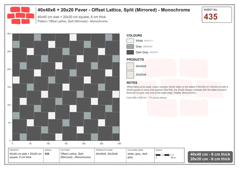 Interlock (Pasco) 40x40 cm · SQ44-435 · Offset Lattice, Split (Mirrored) - Monochrome · Laying plan Interlock (Pasco) 40x40 cm · SQ44-435 · Offset Lattice, Split (Mirrored) - Monochrome · Laying plan