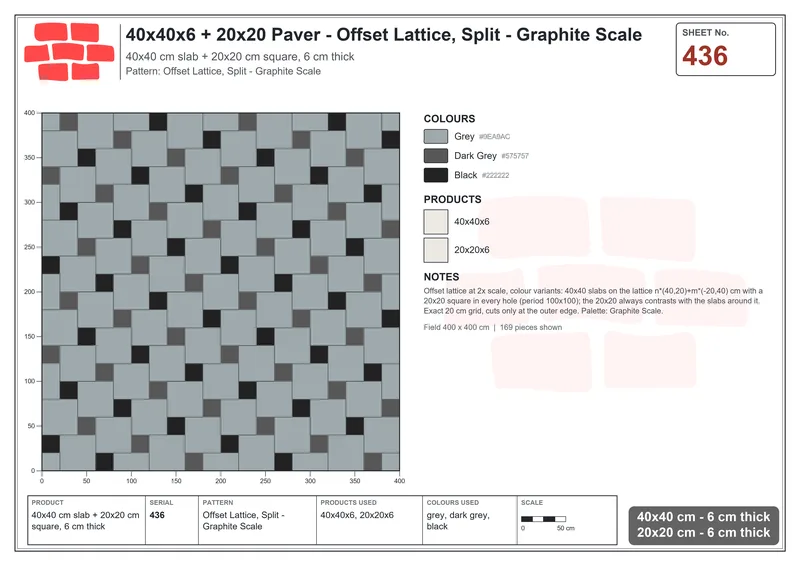Interlock (Pasco) 40x40 cm · SQ44-436 · Offset Lattice, Split - Graphite Scale · Laying plan Interlock (Pasco) 40x40 cm · SQ44-436 · Offset Lattice, Split - Graphite Scale · Laying plan