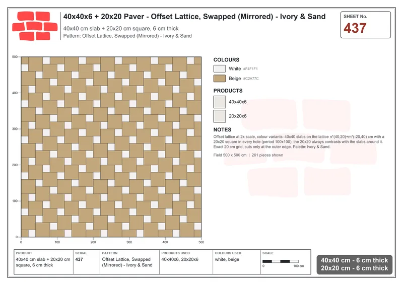 Interlock (Pasco) 40x40 cm · SQ44-437 · Offset Lattice, Swapped (Mirrored) - Ivory & Sand · Laying plan Interlock (Pasco) 40x40 cm · SQ44-437 · Offset Lattice, Swapped (Mirrored) - Ivory & Sand · Laying plan