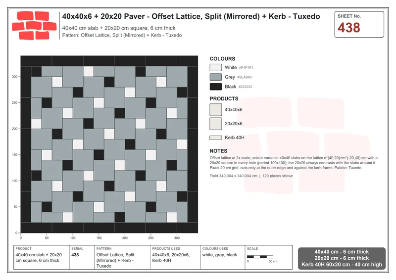 Interlock (Pasco) 40x40 cm · SQ44-438 · Offset Lattice, Split (Mirrored) + Kerb - Tuxedo · Laying plan Interlock (Pasco) 40x40 cm · SQ44-438 · Offset Lattice, Split (Mirrored) + Kerb - Tuxedo · Laying plan