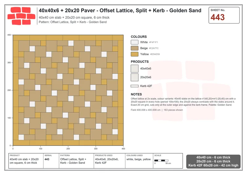 Interlock (Pasco) 40x40 cm · SQ44-443 · Offset Lattice, Split + Kerb - Golden Sand · Laying plan Interlock (Pasco) 40x40 cm · SQ44-443 · Offset Lattice, Split + Kerb - Golden Sand · Laying plan