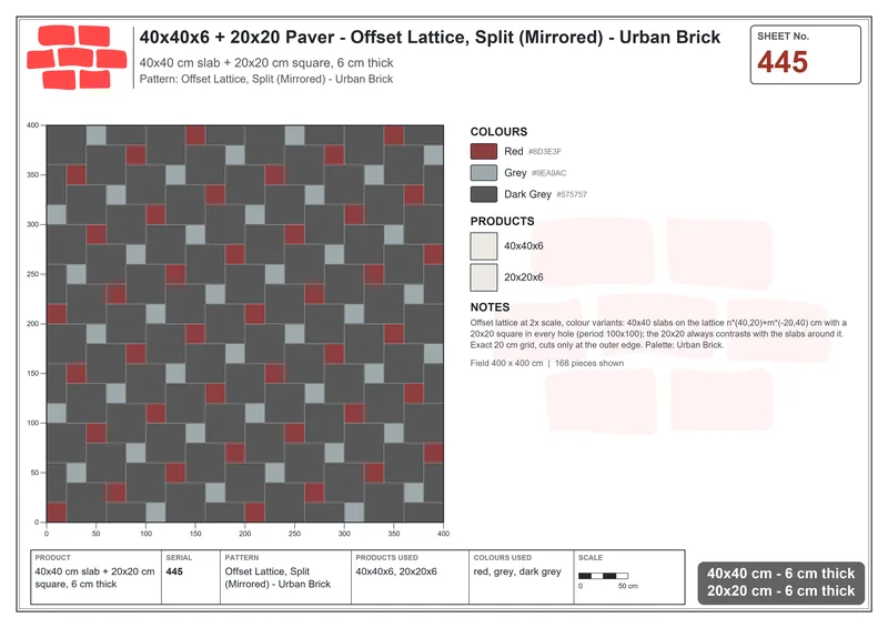 Interlock (Pasco) 40x40 cm · SQ44-445 · Offset Lattice, Split (Mirrored) - Urban Brick · Laying plan Interlock (Pasco) 40x40 cm · SQ44-445 · Offset Lattice, Split (Mirrored) - Urban Brick · Laying plan