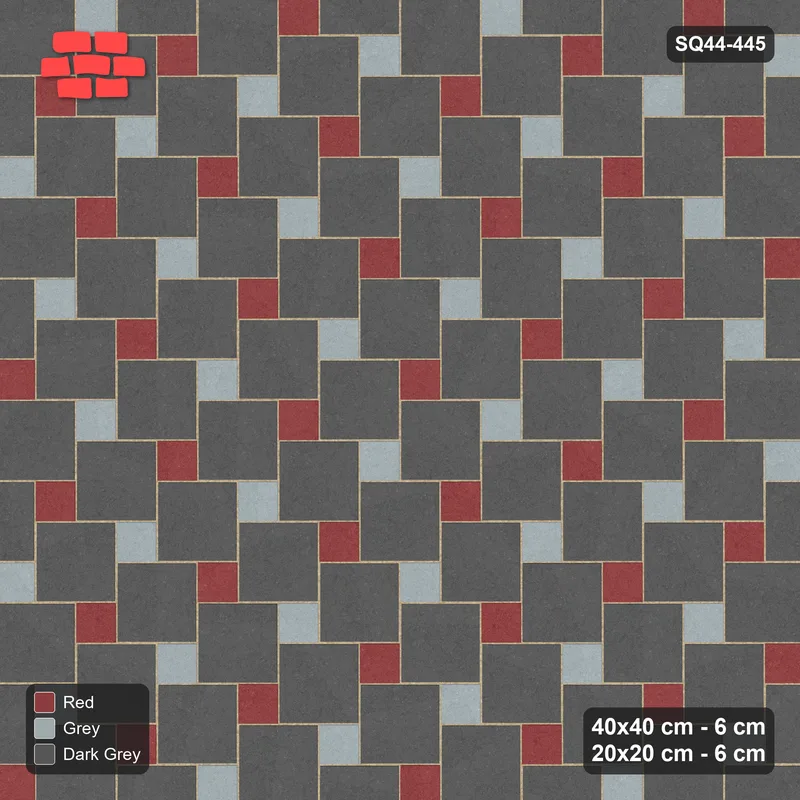 Interlock (Pasco) 40x40 cm · SQ44-445 · Offset Lattice, Split (Mirrored) - Urban Brick · Top view Interlock (Pasco) 40x40 cm · SQ44-445 · Offset Lattice, Split (Mirrored) - Urban Brick · Top view