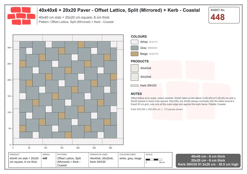 Interlock (Pasco) 40x40 cm · SQ44-448 · Offset Lattice, Split (Mirrored) + Kerb - Coastal · Laying plan Interlock (Pasco) 40x40 cm · SQ44-448 · Offset Lattice, Split (Mirrored) + Kerb - Coastal · Laying plan