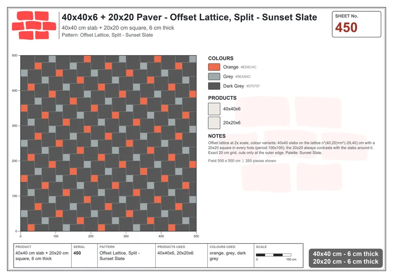 Interlock (Pasco) 40x40 cm · SQ44-450 · Offset Lattice, Split - Sunset Slate · Laying plan Interlock (Pasco) 40x40 cm · SQ44-450 · Offset Lattice, Split - Sunset Slate · Laying plan