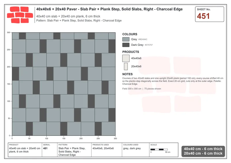 Interlock (Pasco) 40x40 cm · SQ44-451 · Slab Pair + Plank Step, Solid Slabs, Right - Charcoal Edge · Laying plan Interlock (Pasco) 40x40 cm · SQ44-451 · Slab Pair + Plank Step, Solid Slabs, Right - Charcoal Edge · Laying plan