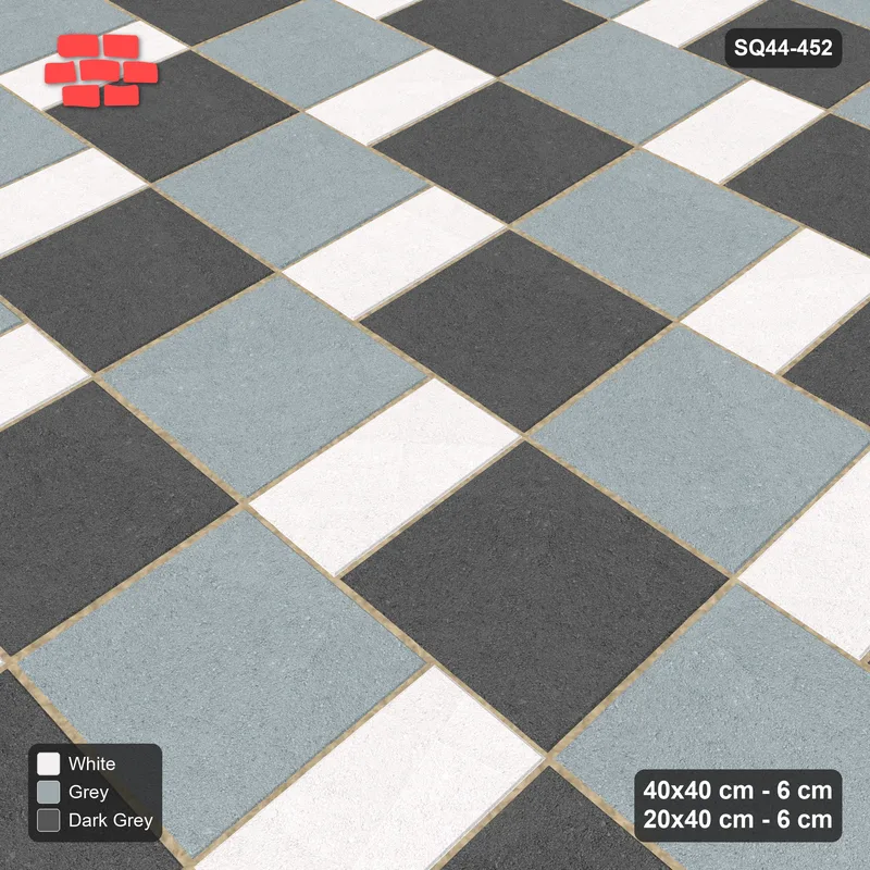 Interlock (Pasco) 40x40 cm · SQ44-452 · Slab Pair + Plank Step, Alternating, Left - Monochrome · Side view Interlock (Pasco) 40x40 cm · SQ44-452 · Slab Pair + Plank Step, Alternating, Left - Monochrome · Side view