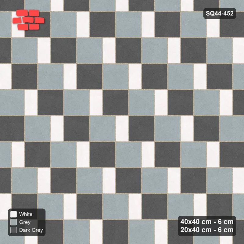 Interlock (Pasco) 40x40 cm · SQ44-452 · Slab Pair + Plank Step, Alternating, Left - Monochrome · Top view Interlock (Pasco) 40x40 cm · SQ44-452 · Slab Pair + Plank Step, Alternating, Left - Monochrome · Top view