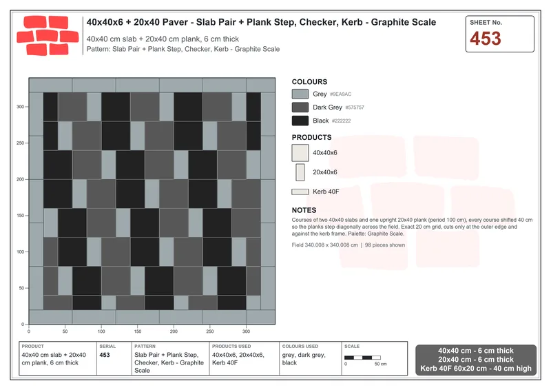 Interlock (Pasco) 40x40 cm · SQ44-453 · Slab Pair + Plank Step, Checker, Kerb - Graphite Scale · Laying plan Interlock (Pasco) 40x40 cm · SQ44-453 · Slab Pair + Plank Step, Checker, Kerb - Graphite Scale · Laying plan