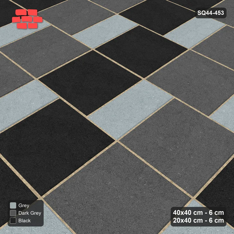 Interlock (Pasco) 40x40 cm · SQ44-453 · Slab Pair + Plank Step, Checker, Kerb - Graphite Scale · Side view Interlock (Pasco) 40x40 cm · SQ44-453 · Slab Pair + Plank Step, Checker, Kerb - Graphite Scale · Side view