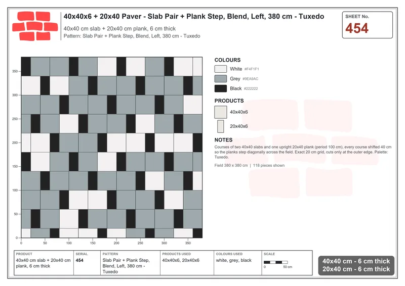 Interlock (Pasco) 40x40 cm · SQ44-454 · Slab Pair + Plank Step, Blend, Left, 380 cm - Tuxedo · Laying plan Interlock (Pasco) 40x40 cm · SQ44-454 · Slab Pair + Plank Step, Blend, Left, 380 cm - Tuxedo · Laying plan