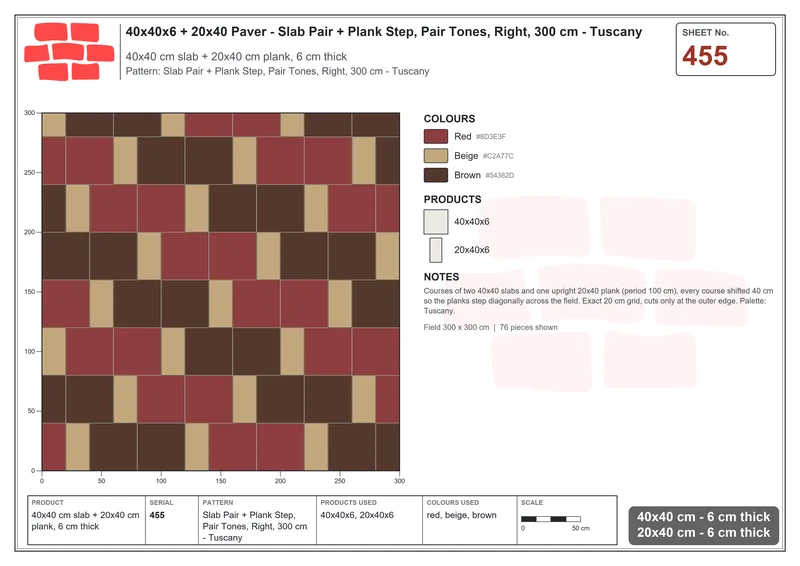 Interlock (Pasco) 40x40 cm · SQ44-455 · Slab Pair + Plank Step, Pair Tones, Right, 300 cm - Tuscany · Laying plan Interlock (Pasco) 40x40 cm · SQ44-455 · Slab Pair + Plank Step, Pair Tones, Right, 300 cm - Tuscany · Laying plan