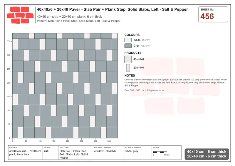Interlock (Pasco) 40x40 cm · SQ44-456 · Slab Pair + Plank Step, Solid Slabs, Left - Salt & Pepper · Laying plan Interlock (Pasco) 40x40 cm · SQ44-456 · Slab Pair + Plank Step, Solid Slabs, Left - Salt & Pepper · Laying plan