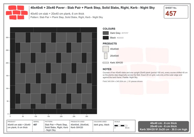 Interlock (Pasco) 40x40 cm · SQ44-457 · Slab Pair + Plank Step, Solid Slabs, Right, Kerb - Night Sky · Laying plan Interlock (Pasco) 40x40 cm · SQ44-457 · Slab Pair + Plank Step, Solid Slabs, Right, Kerb - Night Sky · Laying plan