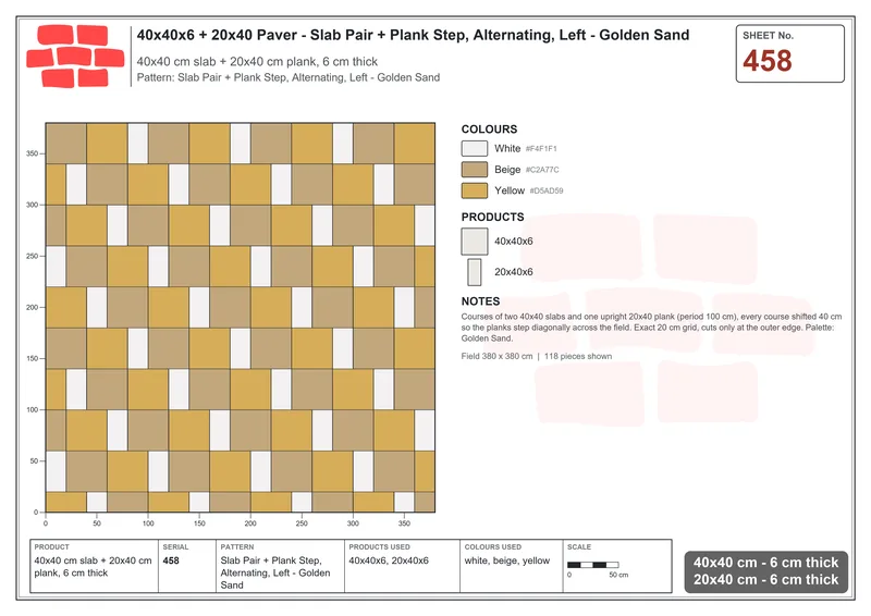 Interlock (Pasco) 40x40 cm · SQ44-458 · Slab Pair + Plank Step, Alternating, Left - Golden Sand · Laying plan Interlock (Pasco) 40x40 cm · SQ44-458 · Slab Pair + Plank Step, Alternating, Left - Golden Sand · Laying plan