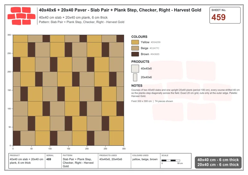 Interlock (Pasco) 40x40 cm · SQ44-459 · Slab Pair + Plank Step, Checker, Right - Harvest Gold · Laying plan Interlock (Pasco) 40x40 cm · SQ44-459 · Slab Pair + Plank Step, Checker, Right - Harvest Gold · Laying plan