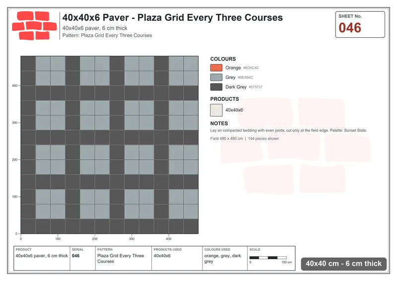 Interlock (Pasco) 40x40 cm · SQ44-46 · Plaza Grid Every Three Courses · Laying plan Interlock (Pasco) 40x40 cm · SQ44-46 · Plaza Grid Every Three Courses · Laying plan