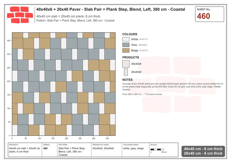 Interlock (Pasco) 40x40 cm · SQ44-460 · Slab Pair + Plank Step, Blend, Left, 380 cm - Coastal · Laying plan Interlock (Pasco) 40x40 cm · SQ44-460 · Slab Pair + Plank Step, Blend, Left, 380 cm - Coastal · Laying plan