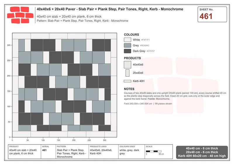Interlock (Pasco) 40x40 cm · SQ44-461 · Slab Pair + Plank Step, Pair Tones, Right, Kerb - Monochrome · Laying plan Interlock (Pasco) 40x40 cm · SQ44-461 · Slab Pair + Plank Step, Pair Tones, Right, Kerb - Monochrome · Laying plan