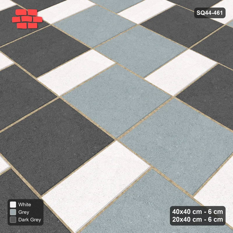 Interlock (Pasco) 40x40 cm · SQ44-461 · Slab Pair + Plank Step, Pair Tones, Right, Kerb - Monochrome · Side view Interlock (Pasco) 40x40 cm · SQ44-461 · Slab Pair + Plank Step, Pair Tones, Right, Kerb - Monochrome · Side view