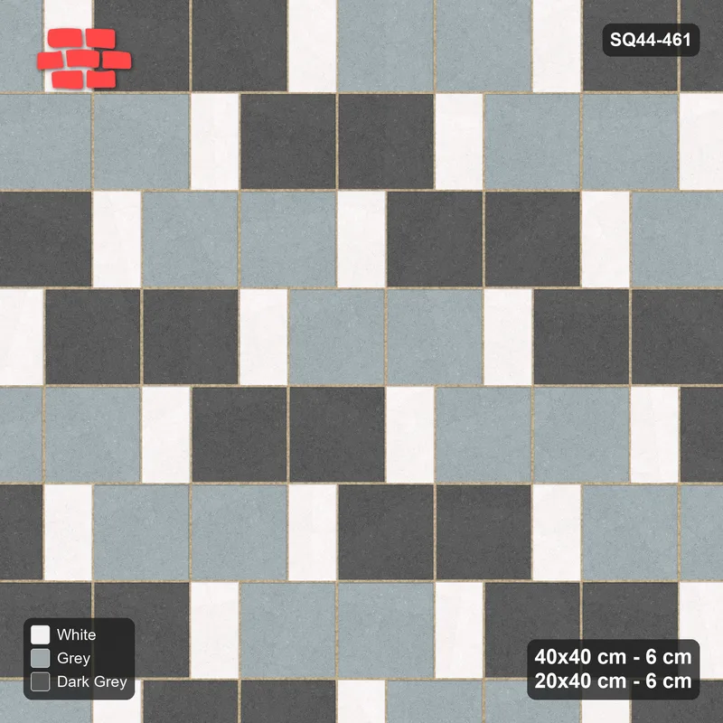 Interlock (Pasco) 40x40 cm · SQ44-461 · Slab Pair + Plank Step, Pair Tones, Right, Kerb - Monochrome · Top view Interlock (Pasco) 40x40 cm · SQ44-461 · Slab Pair + Plank Step, Pair Tones, Right, Kerb - Monochrome · Top view