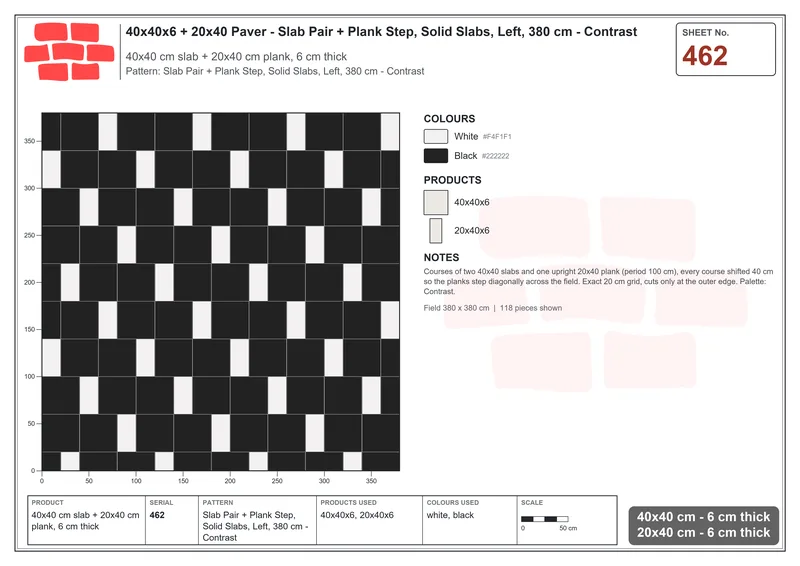 Interlock (Pasco) 40x40 cm · SQ44-462 · Slab Pair + Plank Step, Solid Slabs, Left, 380 cm - Contrast · Laying plan Interlock (Pasco) 40x40 cm · SQ44-462 · Slab Pair + Plank Step, Solid Slabs, Left, 380 cm - Contrast · Laying plan