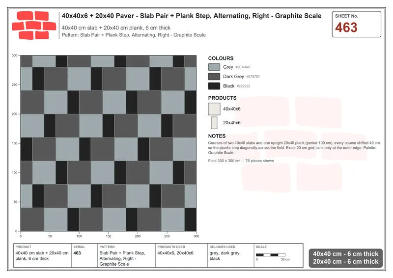 Interlock (Pasco) 40x40 cm · SQ44-463 · Slab Pair + Plank Step, Alternating, Right - Graphite Scale · Laying plan Interlock (Pasco) 40x40 cm · SQ44-463 · Slab Pair + Plank Step, Alternating, Right - Graphite Scale · Laying plan
