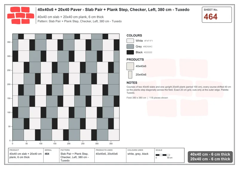 Interlock (Pasco) 40x40 cm · SQ44-464 · Slab Pair + Plank Step, Checker, Left, 380 cm - Tuxedo · Laying plan Interlock (Pasco) 40x40 cm · SQ44-464 · Slab Pair + Plank Step, Checker, Left, 380 cm - Tuxedo · Laying plan