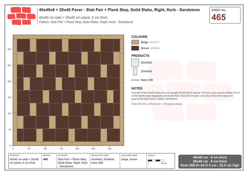 Interlock (Pasco) 40x40 cm · SQ44-465 · Slab Pair + Plank Step, Solid Slabs, Right, Kerb - Sandstone · Laying plan Interlock (Pasco) 40x40 cm · SQ44-465 · Slab Pair + Plank Step, Solid Slabs, Right, Kerb - Sandstone · Laying plan