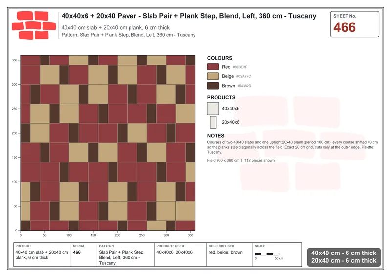 Interlock (Pasco) 40x40 cm · SQ44-466 · Slab Pair + Plank Step, Blend, Left, 360 cm - Tuscany · Laying plan Interlock (Pasco) 40x40 cm · SQ44-466 · Slab Pair + Plank Step, Blend, Left, 360 cm - Tuscany · Laying plan
