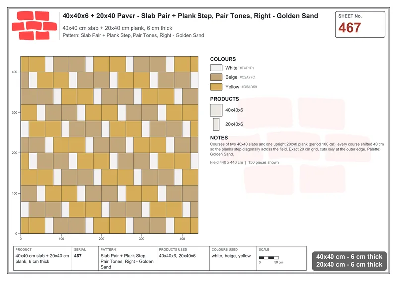 Interlock (Pasco) 40x40 cm · SQ44-467 · Slab Pair + Plank Step, Pair Tones, Right - Golden Sand · Laying plan Interlock (Pasco) 40x40 cm · SQ44-467 · Slab Pair + Plank Step, Pair Tones, Right - Golden Sand · Laying plan