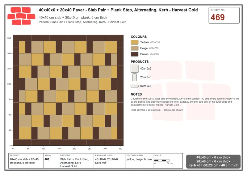 Interlock (Pasco) 40x40 cm · SQ44-469 · Slab Pair + Plank Step, Alternating, Kerb - Harvest Gold · Laying plan Interlock (Pasco) 40x40 cm · SQ44-469 · Slab Pair + Plank Step, Alternating, Kerb - Harvest Gold · Laying plan