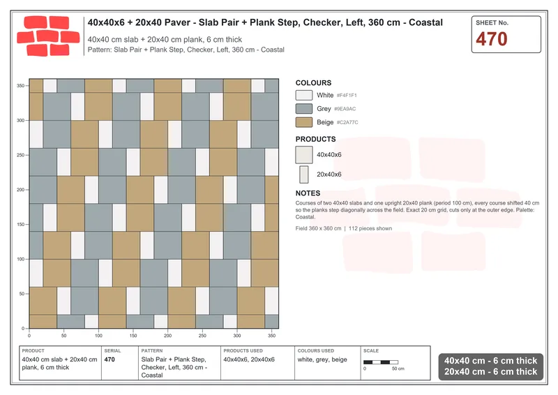 Interlock (Pasco) 40x40 cm · SQ44-470 · Slab Pair + Plank Step, Checker, Left, 360 cm - Coastal · Laying plan Interlock (Pasco) 40x40 cm · SQ44-470 · Slab Pair + Plank Step, Checker, Left, 360 cm - Coastal · Laying plan