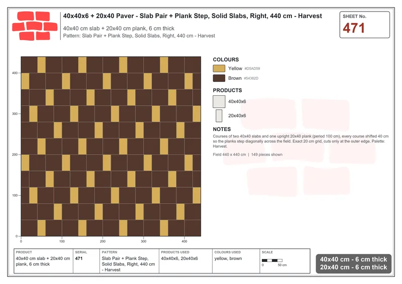 Interlock (Pasco) 40x40 cm · SQ44-471 · Slab Pair + Plank Step, Solid Slabs, Right, 440 cm - Harvest · Laying plan Interlock (Pasco) 40x40 cm · SQ44-471 · Slab Pair + Plank Step, Solid Slabs, Right, 440 cm - Harvest · Laying plan