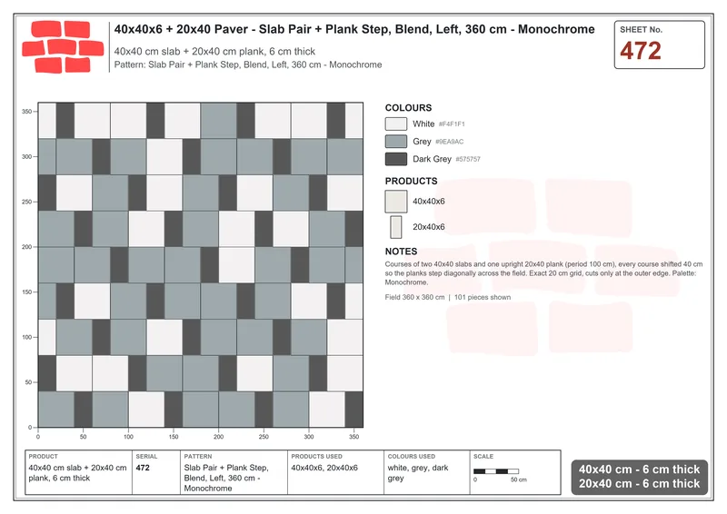 Interlock (Pasco) 40x40 cm · SQ44-472 · Slab Pair + Plank Step, Blend, Left, 360 cm - Monochrome · Laying plan Interlock (Pasco) 40x40 cm · SQ44-472 · Slab Pair + Plank Step, Blend, Left, 360 cm - Monochrome · Laying plan