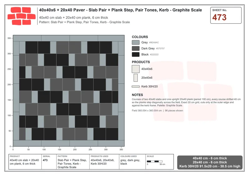 Interlock (Pasco) 40x40 cm · SQ44-473 · Slab Pair + Plank Step, Pair Tones, Kerb - Graphite Scale · Laying plan Interlock (Pasco) 40x40 cm · SQ44-473 · Slab Pair + Plank Step, Pair Tones, Kerb - Graphite Scale · Laying plan