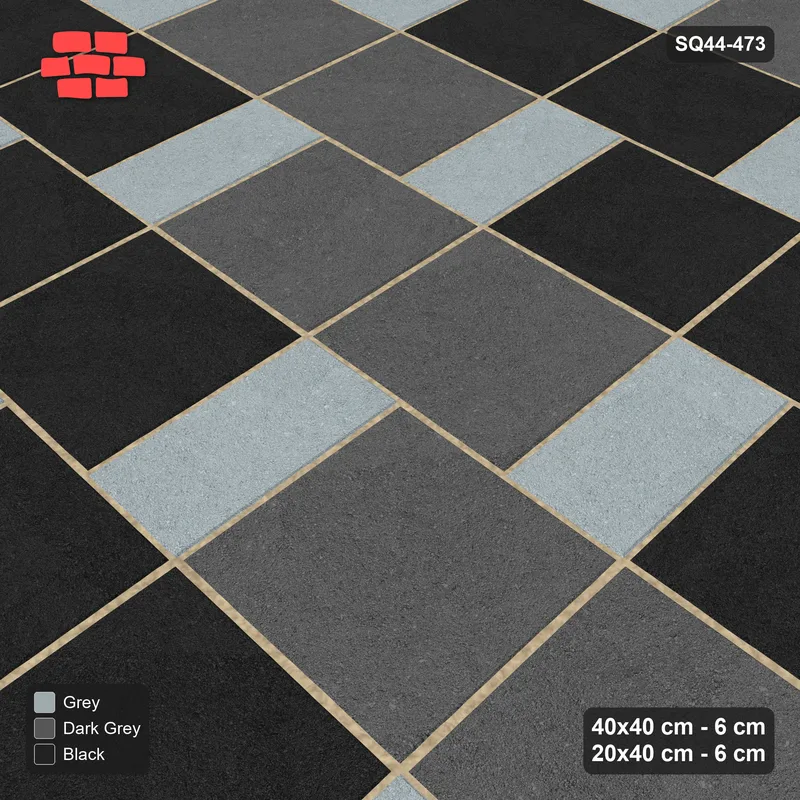 Interlock (Pasco) 40x40 cm · SQ44-473 · Slab Pair + Plank Step, Pair Tones, Kerb - Graphite Scale · Side view Interlock (Pasco) 40x40 cm · SQ44-473 · Slab Pair + Plank Step, Pair Tones, Kerb - Graphite Scale · Side view