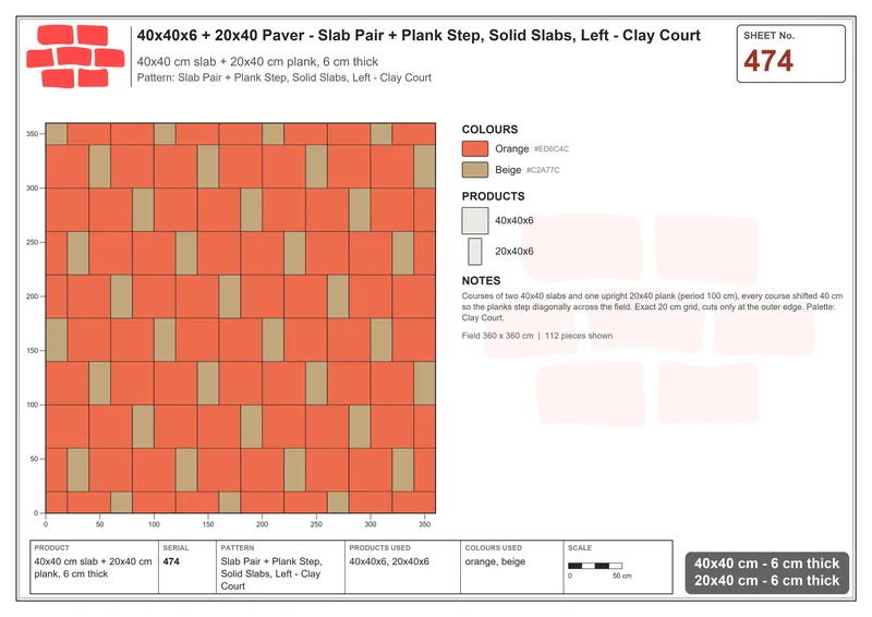 Interlock (Pasco) 40x40 cm · SQ44-474 · Slab Pair + Plank Step, Solid Slabs, Left - Clay Court · Laying plan Interlock (Pasco) 40x40 cm · SQ44-474 · Slab Pair + Plank Step, Solid Slabs, Left - Clay Court · Laying plan