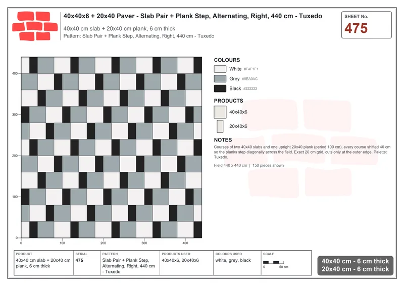 Interlock (Pasco) 40x40 cm · SQ44-475 · Slab Pair + Plank Step, Alternating, Right, 440 cm - Tuxedo · Laying plan Interlock (Pasco) 40x40 cm · SQ44-475 · Slab Pair + Plank Step, Alternating, Right, 440 cm - Tuxedo · Laying plan