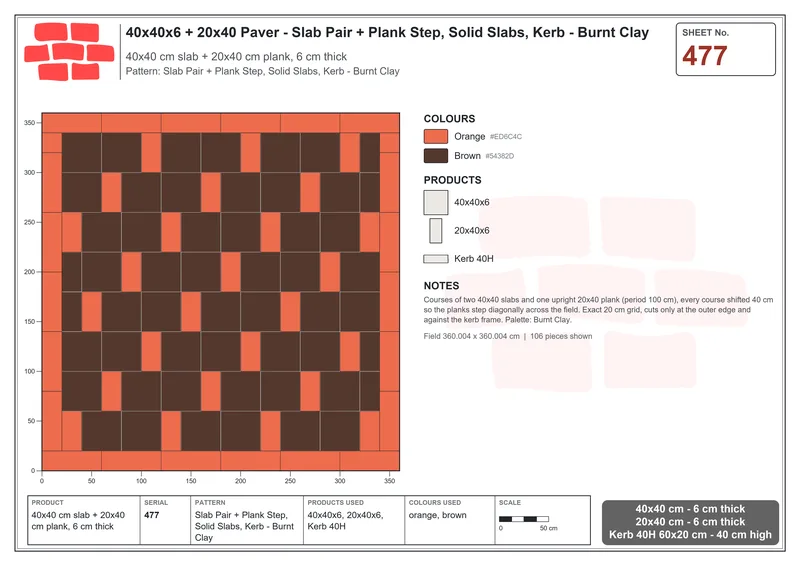 Interlock (Pasco) 40x40 cm · SQ44-477 · Slab Pair + Plank Step, Solid Slabs, Kerb - Burnt Clay · Laying plan Interlock (Pasco) 40x40 cm · SQ44-477 · Slab Pair + Plank Step, Solid Slabs, Kerb - Burnt Clay · Laying plan