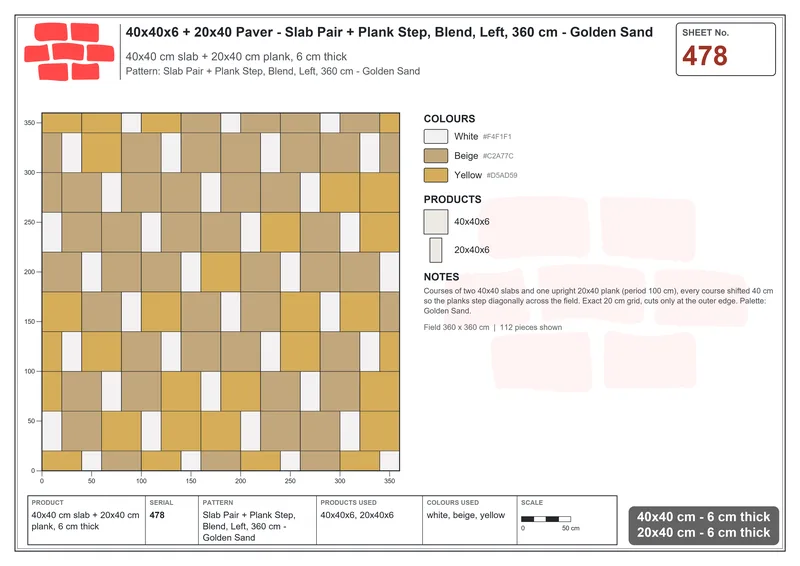 Interlock (Pasco) 40x40 cm · SQ44-478 · Slab Pair + Plank Step, Blend, Left, 360 cm - Golden Sand · Laying plan Interlock (Pasco) 40x40 cm · SQ44-478 · Slab Pair + Plank Step, Blend, Left, 360 cm - Golden Sand · Laying plan